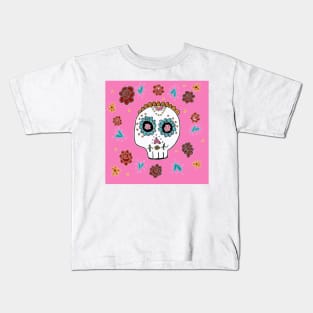 Sugar Skull and Roses pink background Kids T-Shirt